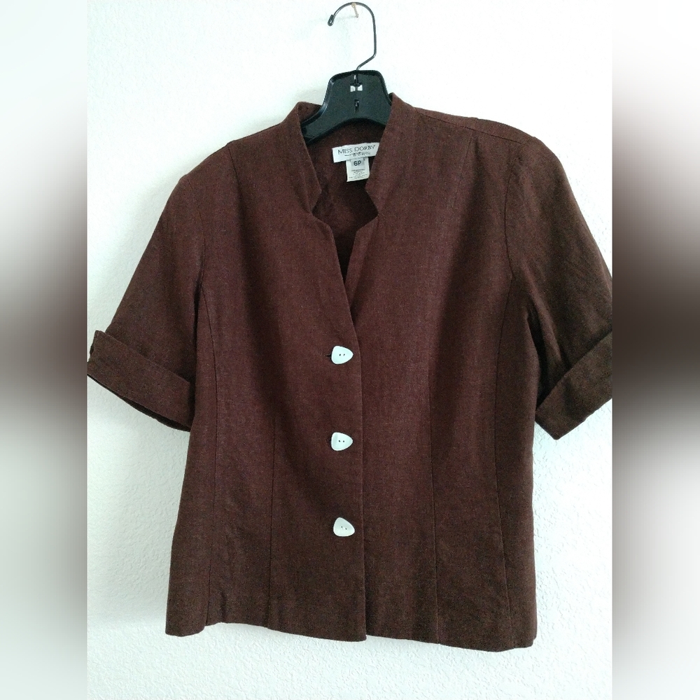 Vintage Miss Dorby Petite Linen Blend Shirt Top Brown Prim Secretary Cottage 6P